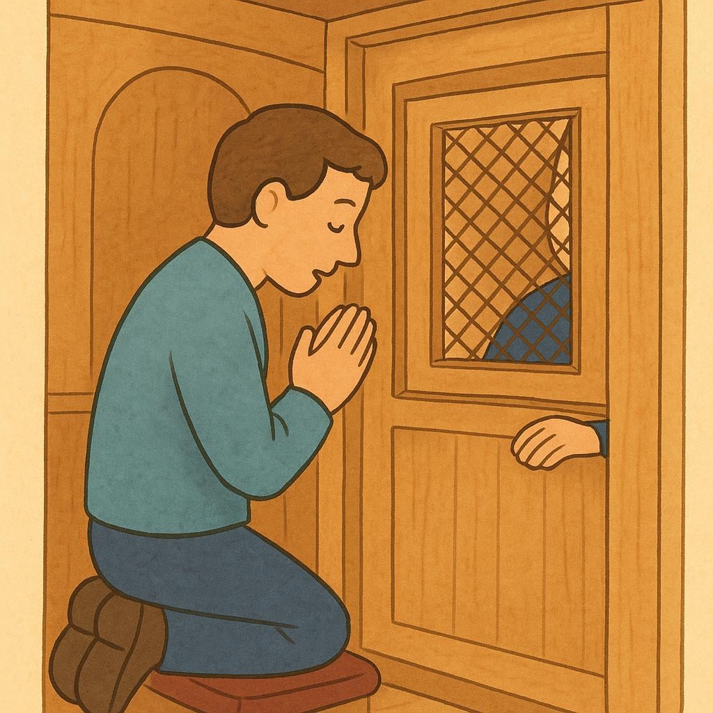 A simple wooden confessional booth interior. A kneeling figure is visible on one side, speaking through a small screen to a partially visible figure representing a priest on the other side.