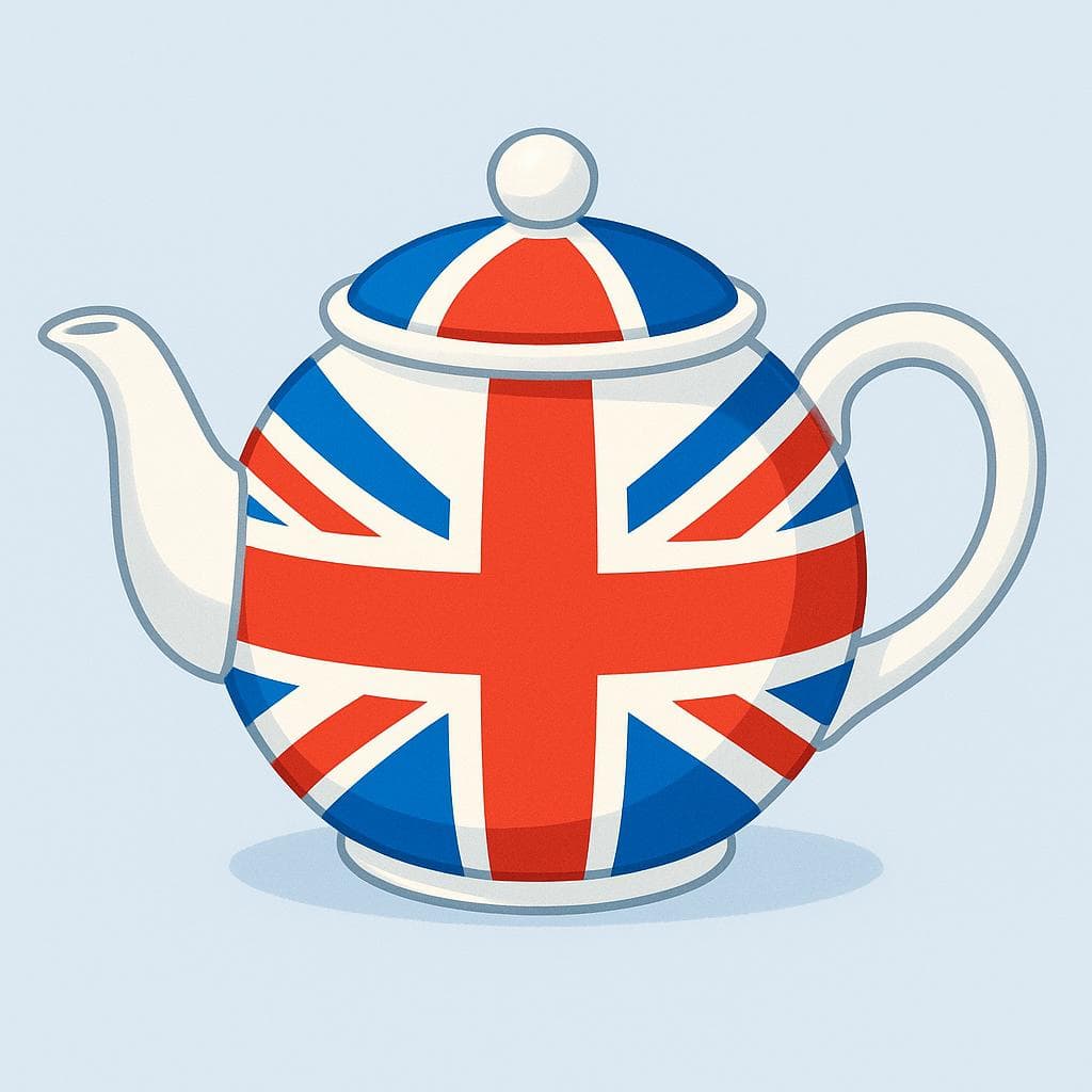 Una semplice teiera bianca decorata con il disegno della bandiera britannica rossa, bianca e blu, poggiata su una superficie piana.
