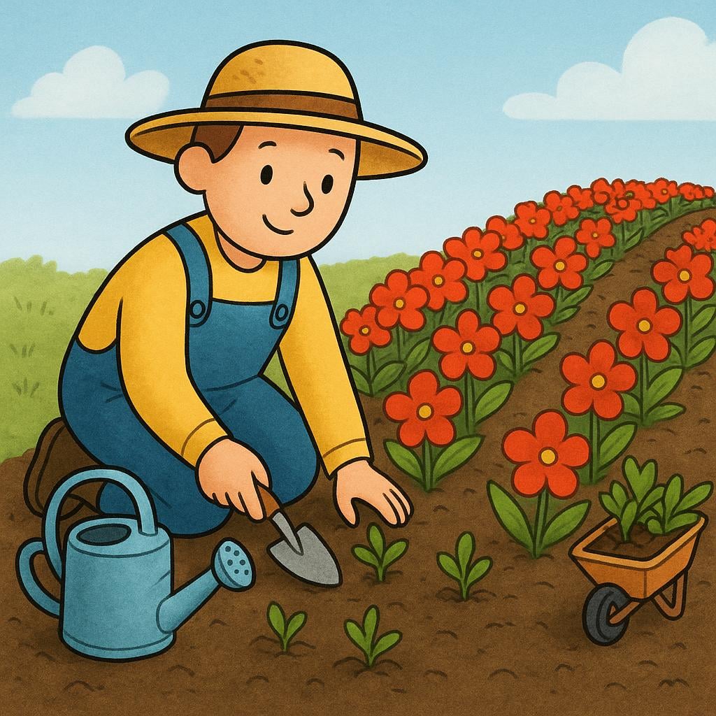 A busy gardener happily planting several bright flowers in a row with a full basket next to them.