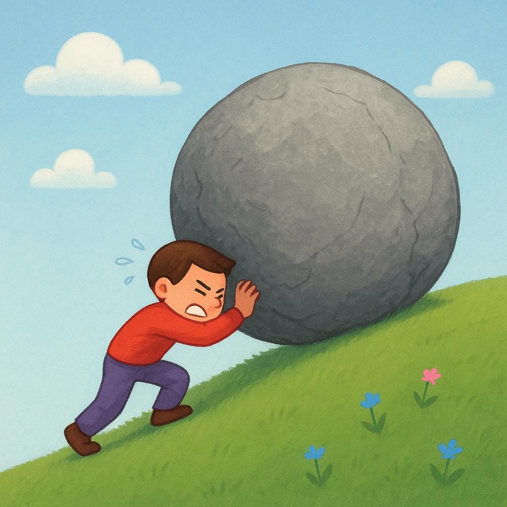 شخصية صغيرة مصممة بقوة تكافح بشدة وهي تدفع صخرة رمادية ضخمة وثقيلة إلى أعلى تل عشبى لطيف.