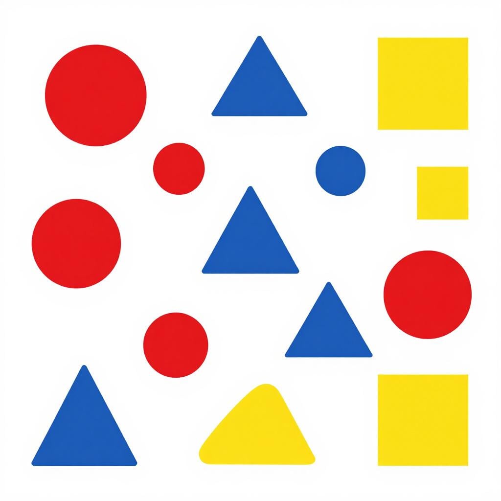 A collection of colorful geometric shapes like circles, triangles, and squares arranged in a creative pattern.