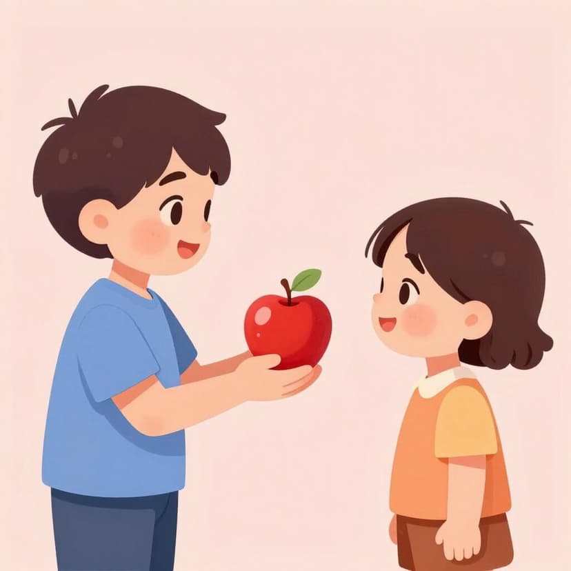 A friendly person smiling and holding out a red apple to another person, who is smiling and reaching for it.