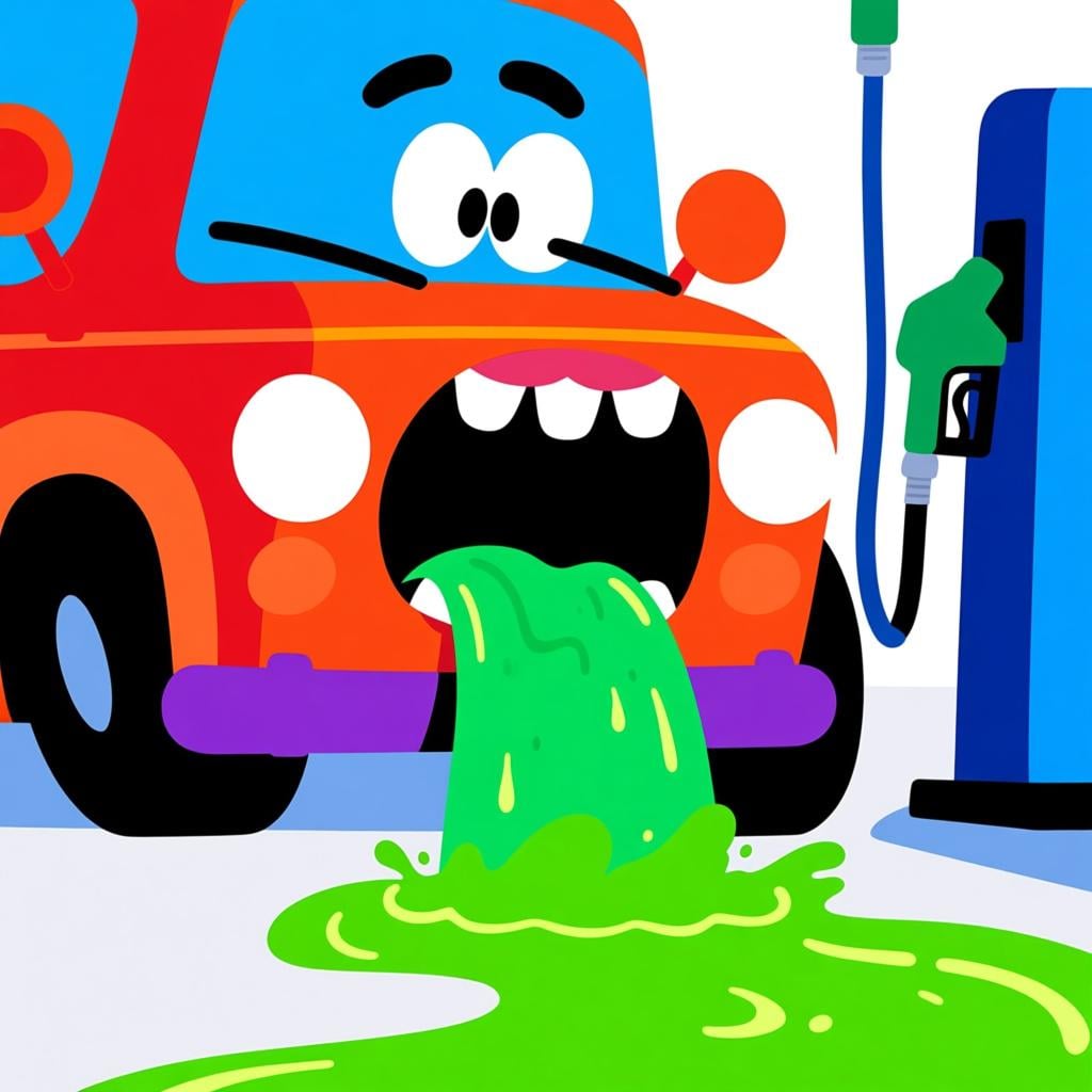 A stylized automobile with a giant mouth instead of a grille, actively gulping down a stream of liquid fuel, symbolizing excessive consumption.