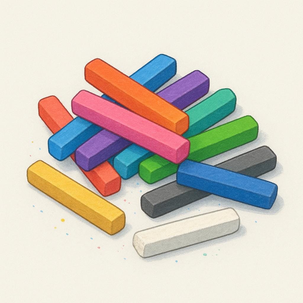 Una collezione di bastoncini di pastello colorati disposti piatti, che mostrano varie tonalità tenui.