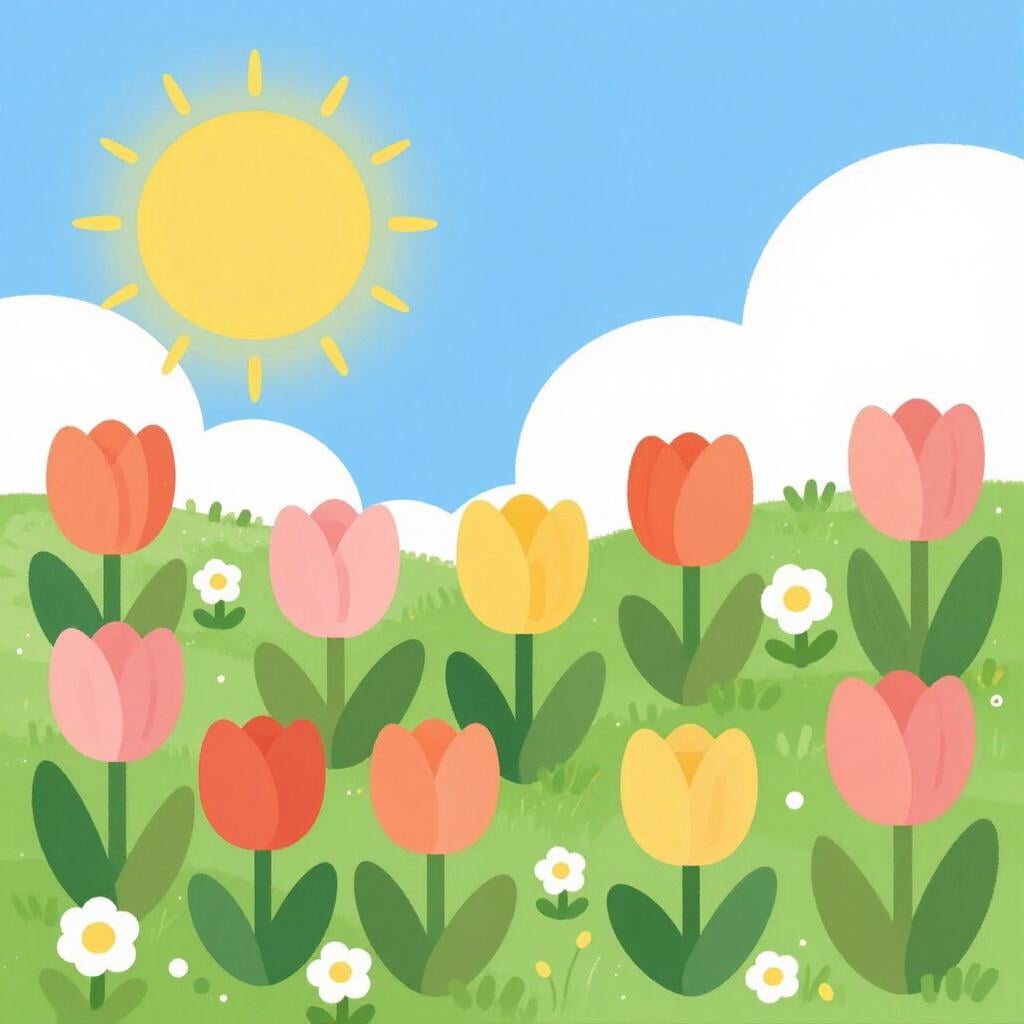 Um campo brilhante de flores da primavera em flor sob um céu ensolarado.