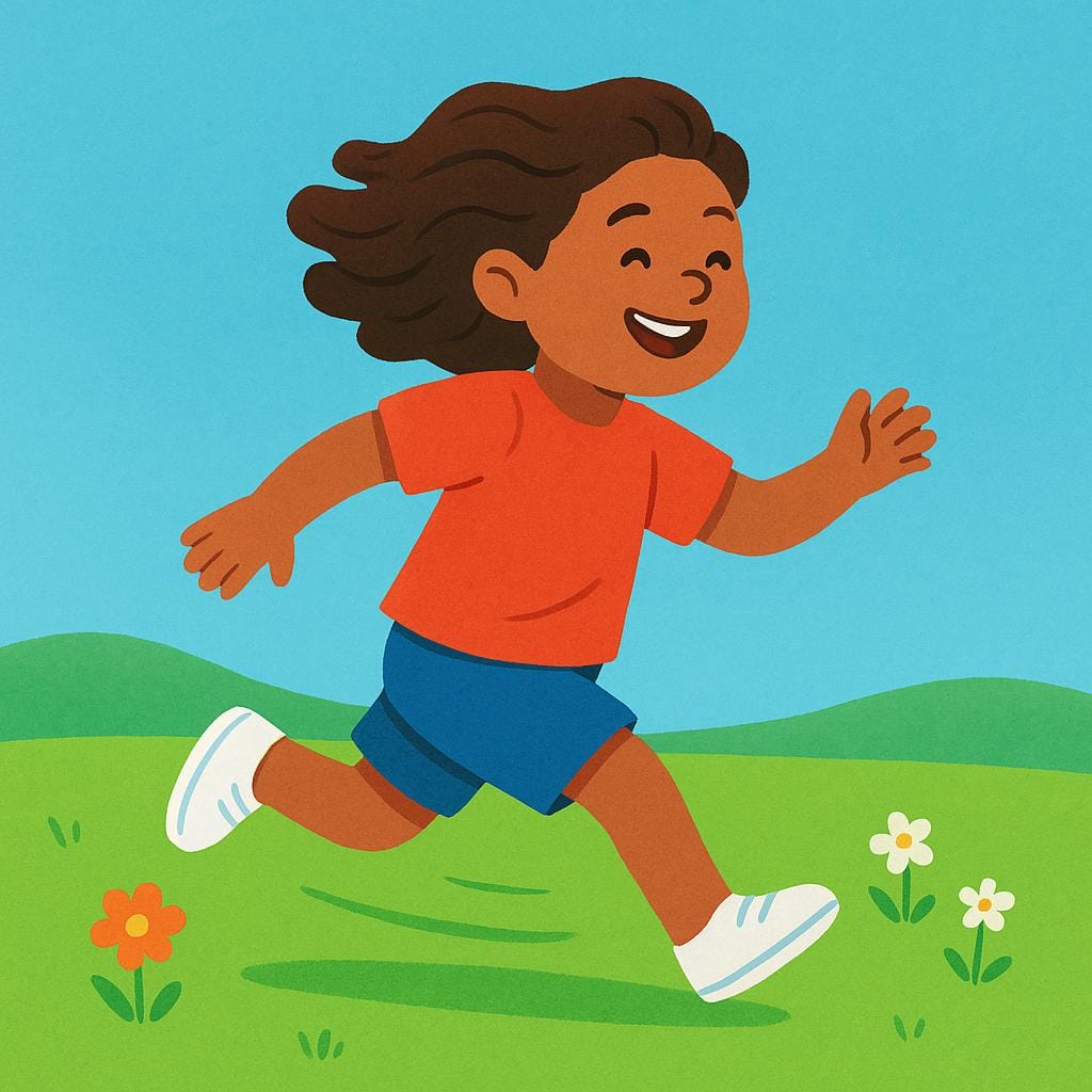 A happy cartoon child with bright clothes running across a grassy field under a sunny sky, clearly mid-stride.