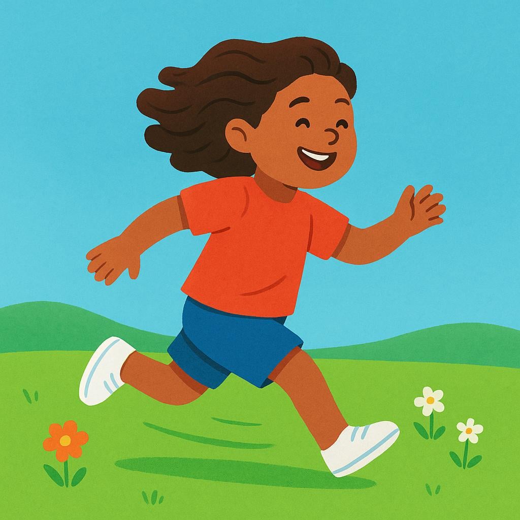 A happy cartoon child with bright clothes running across a grassy field under a sunny sky, clearly mid-stride.