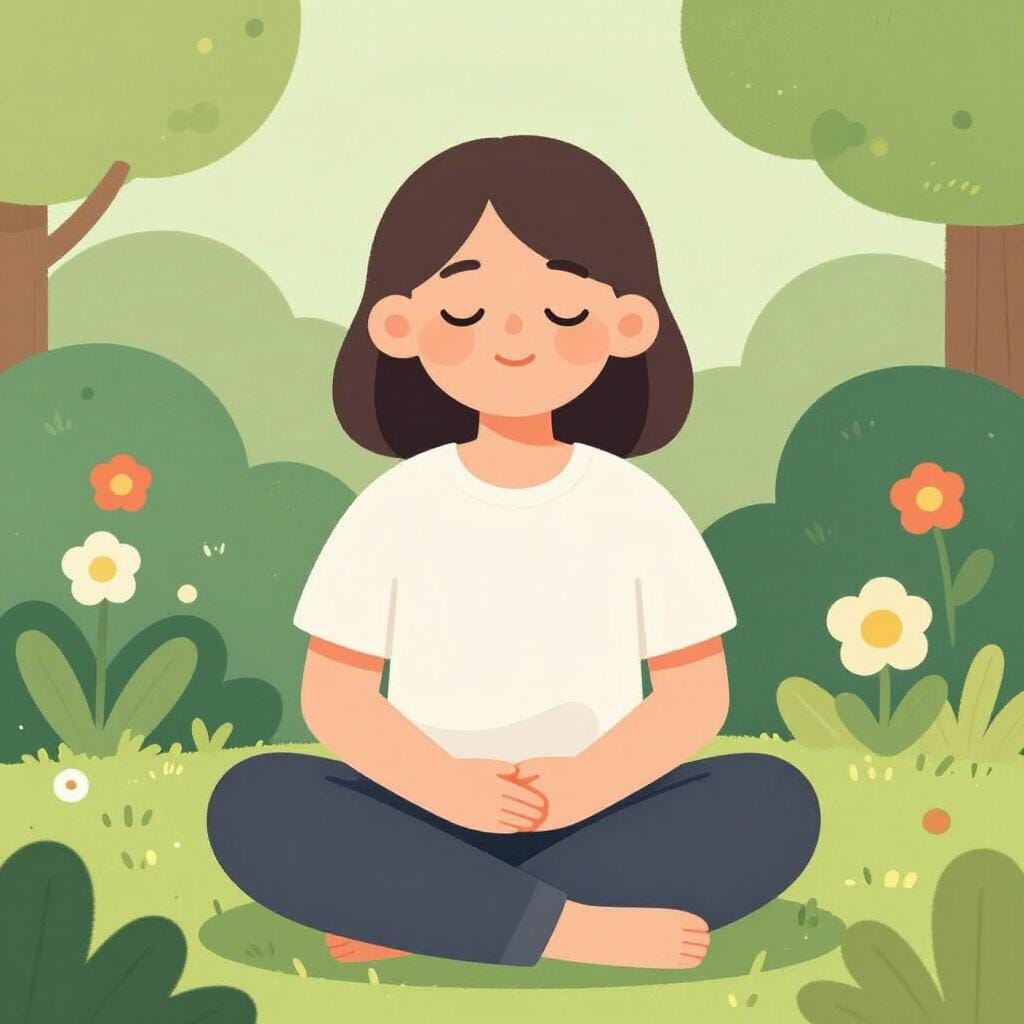 A calm person smiling peacefully while a small bird lands on their shoulder.