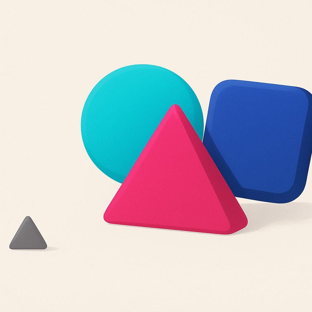 Una piccola forma geometrica grigia e opaca isolata su una superficie piana, completamente ignorata da tre grandi forme geometriche colorate e interagenti.