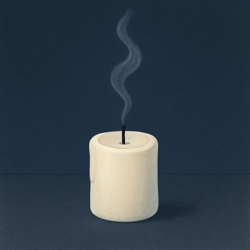 A single candle on a dark surface with a thin trail of smoke rising from its extinguished wick.