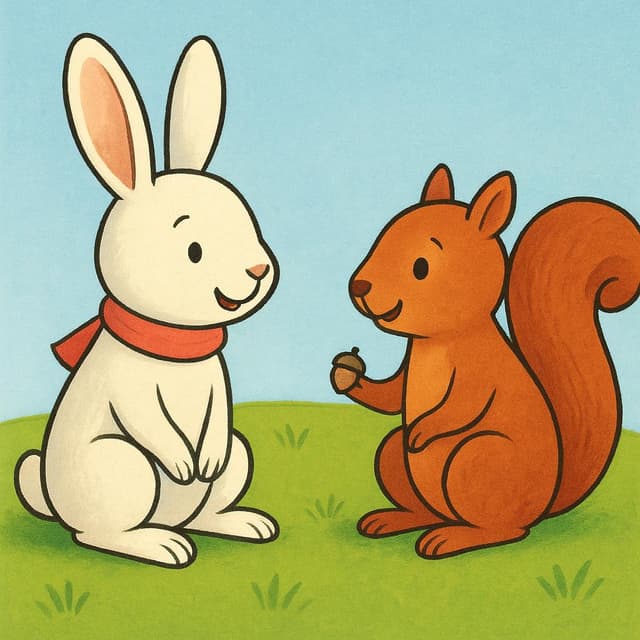 Een eenvoudige illustratie in kinderboekstijl die een konijn en een eekhoorn toont die op de grond zitten en lichtjes naar elkaar toe leunen, wat suggereert dat ze een gesprek voeren.