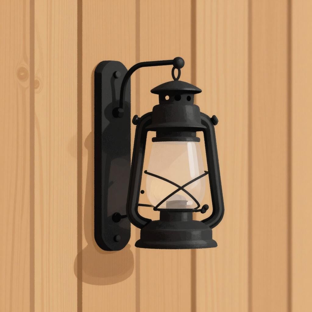 Een kleine decoratieve metalen lantaarn bevestigd aan een houten muur.