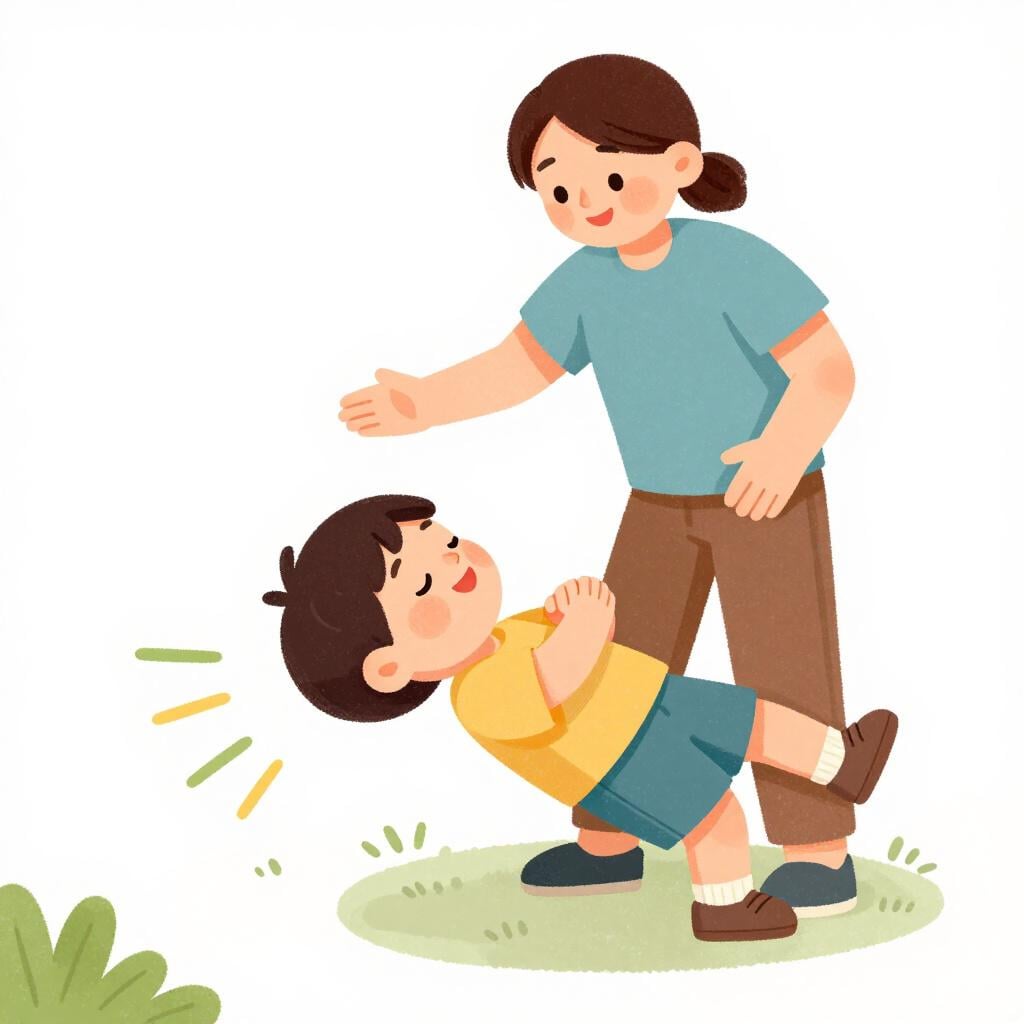 A child falling backward with their eyes closed, being safely caught by a smiling parent.