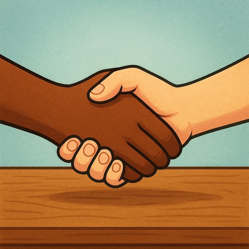 A high quality storybook illustration depicting two different hands firmly clasped in a handshake over a simple wooden table, symbolizing a mutual agreement.
