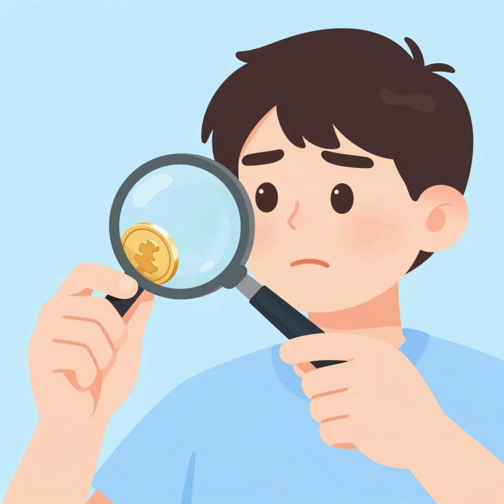 Uma pessoa olhando atentamente para uma moeda de ouro brilhante com uma sobrancelha levantada e uma lupa, parecendo incerta.