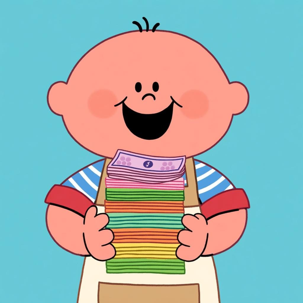 Un personaggio sorridente che indossa un semplice grembiule da lavoro, tenendo in mano una grande pila di banconote colorate.