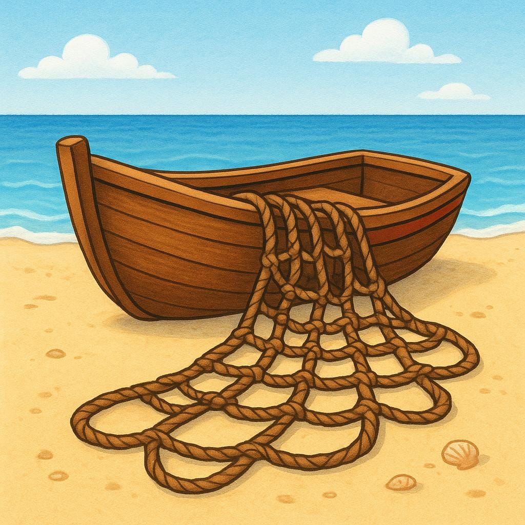 A large, woven fishing net draped over a wooden boat on a beach.