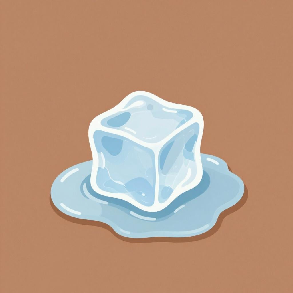 An ice cube sitting on a wooden table turning into a small puddle of water.