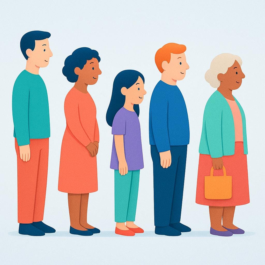 Five brightly colored, stylized people standing one behind the other, forming a clear queue or line.