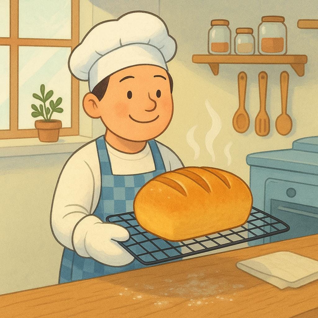 A happy baker holding up a perfect loaf of bread, symbolizing a successful outcome.