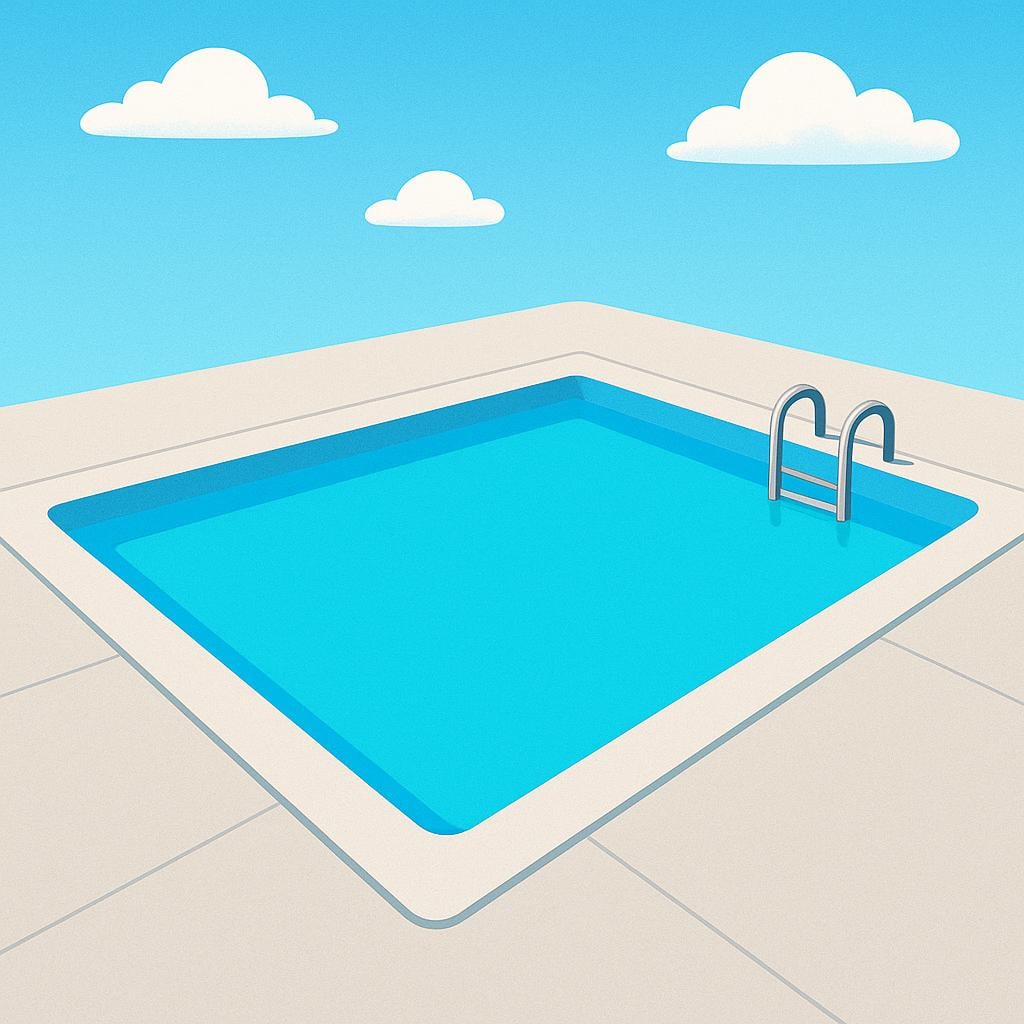 A rectangular swimming pool filled with clear blue water, featuring a small set of steps and surrounded by a sunny concrete deck.
