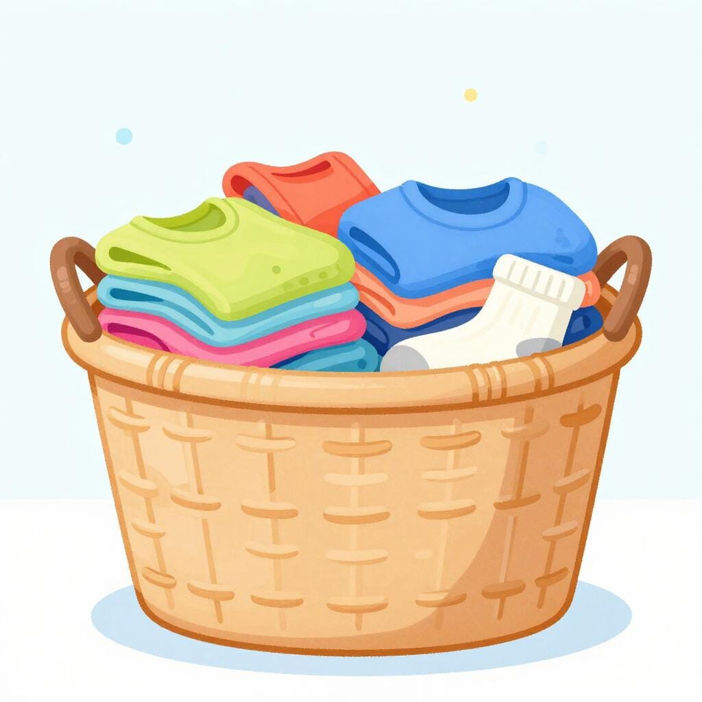 Une pile colorée de vêtements propres dans un panier en osier.