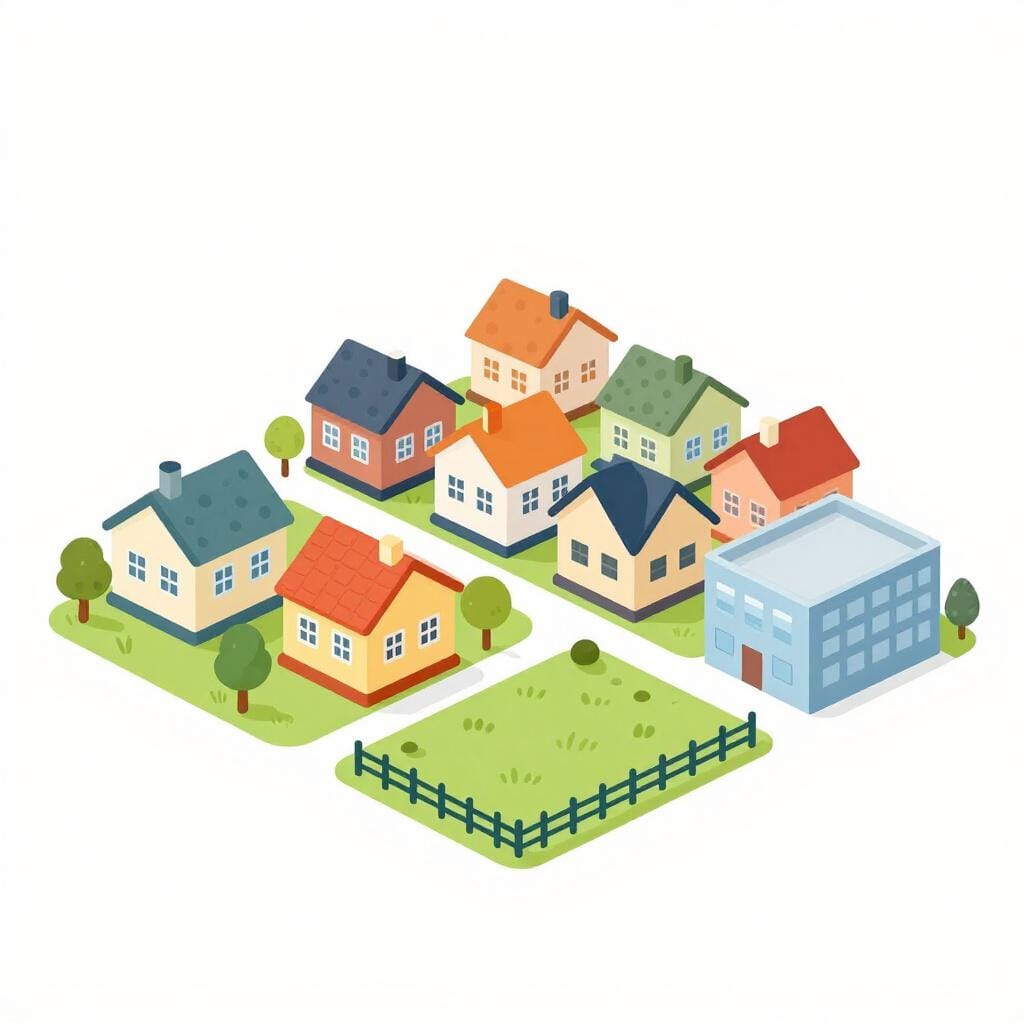 様々な家と緑地のある小さな近所のカラフルな絵本風イラスト。