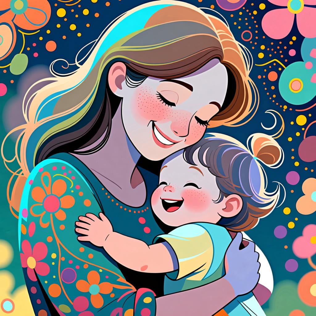 A warm illustration of a mother with brown hair hugging her young child, both are smiling.
