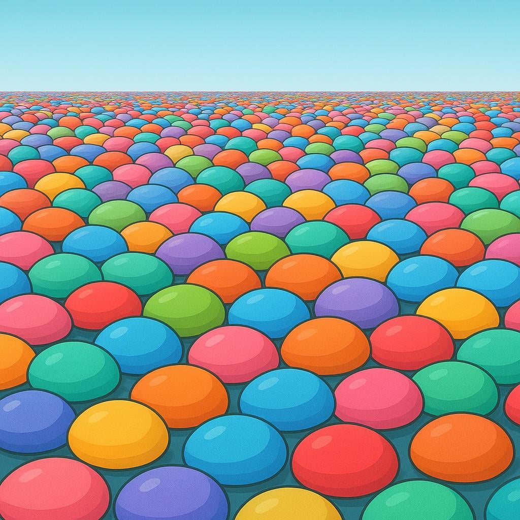 A vast, dense field covered entirely by small, brightly colored pebbles stretching far into the distance, symbolizing a large quantity.