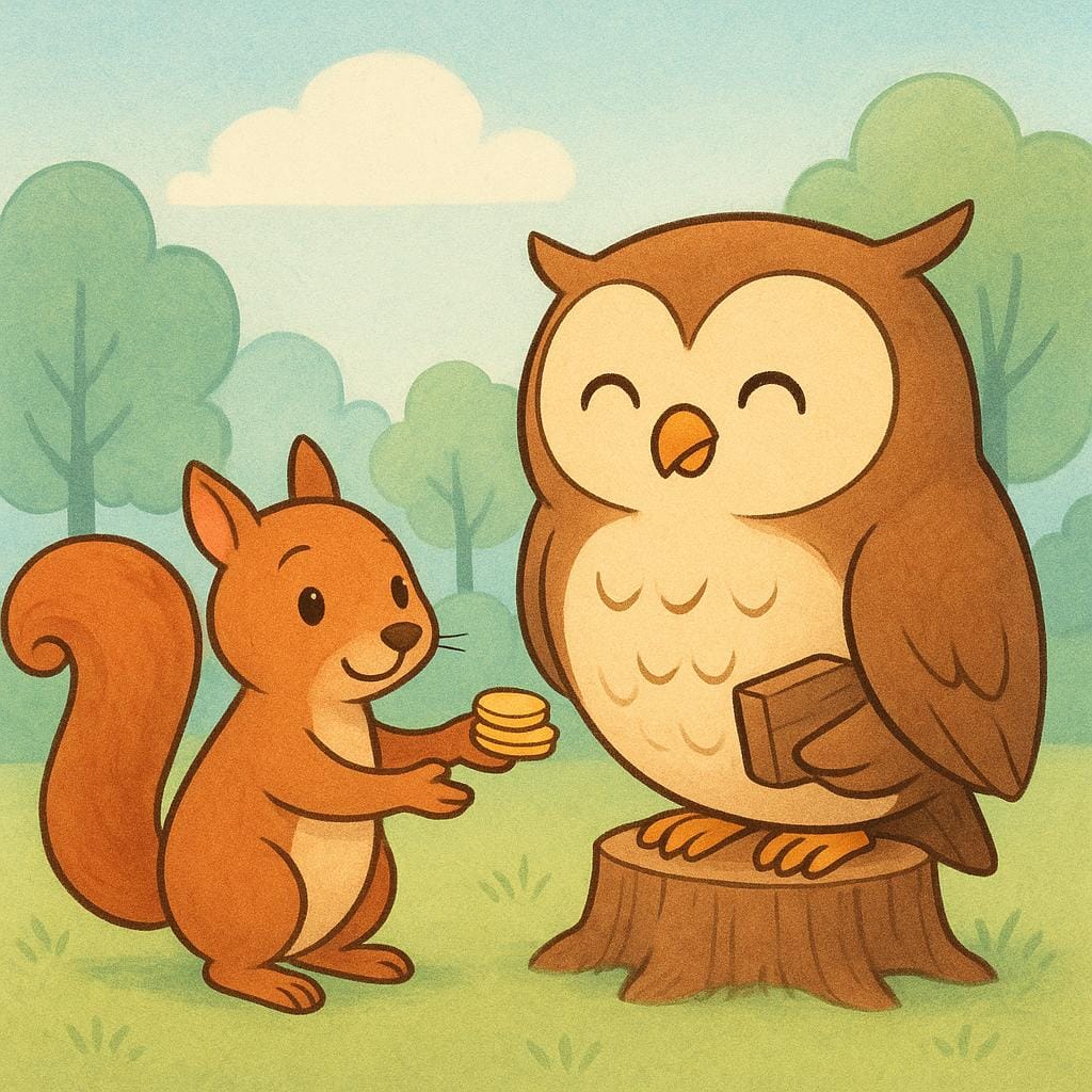 A storybook illustration showing a friendly squirrel handing a small stack of golden coins to a large, smiling owl, symbolizing the repayment of a financial debt.