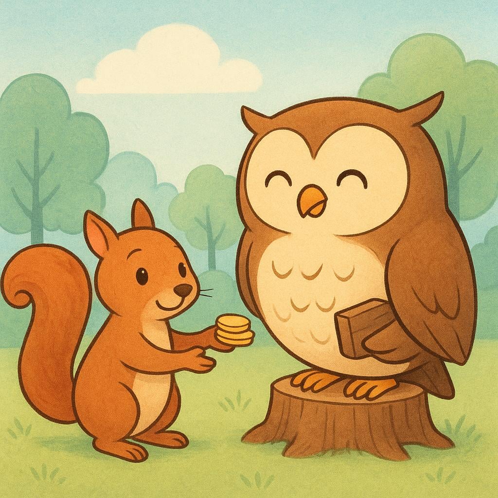 A storybook illustration showing a friendly squirrel handing a small stack of golden coins to a large, smiling owl, symbolizing the repayment of a financial debt.