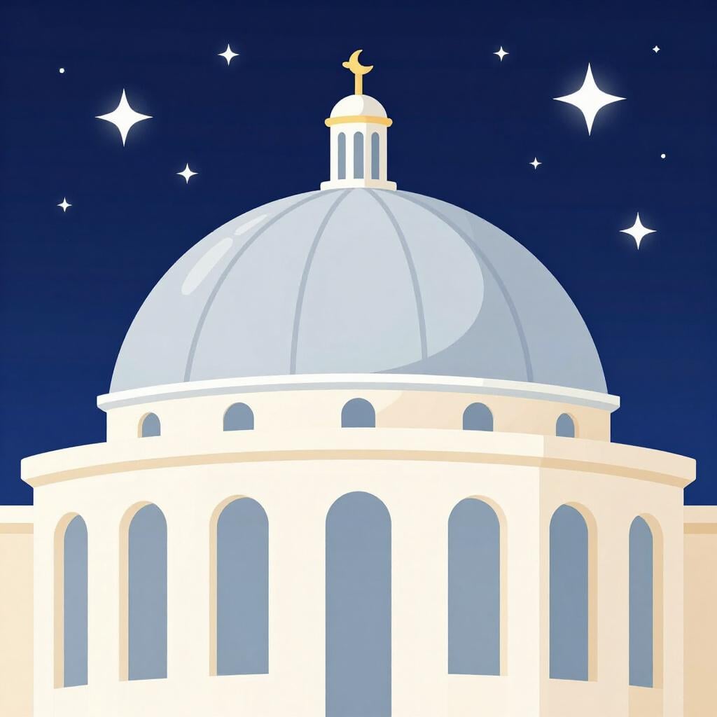 Un grand bâtiment en forme de dôme avec un télescope pointant vers un ciel nocturne étoilé.