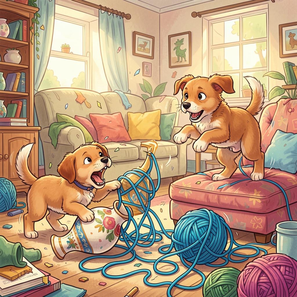 A group of mischievous puppies in a living room having knocked over a vase and tangled themselves in yarn, creating a loud scene.
