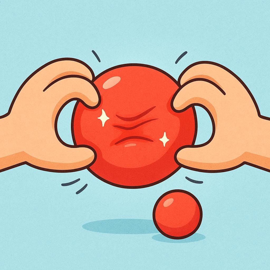 A large red sphere is actively being compressed by two simple, stylized hands, resulting in a significantly smaller red sphere.