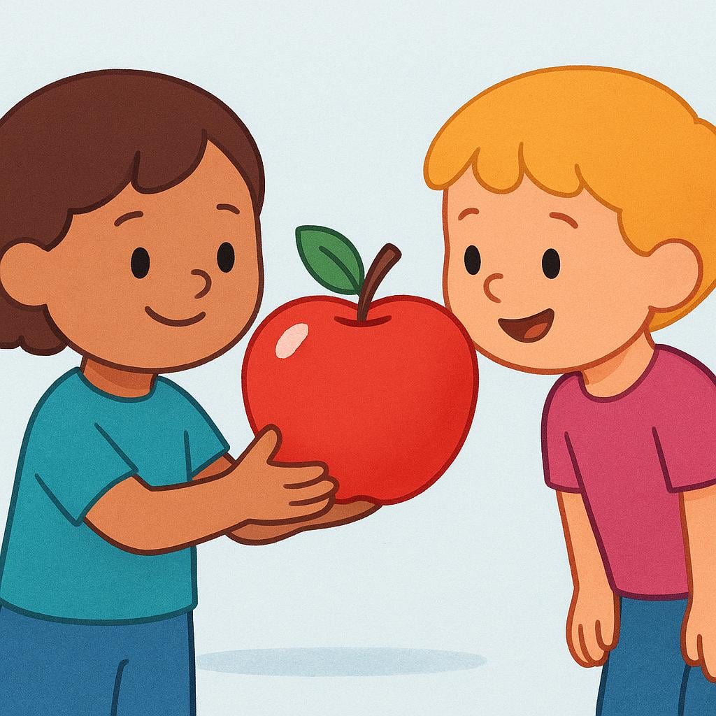 A character holding up a single, large, brightly colored red apple in their hand, presenting it clearly for another character to look at.