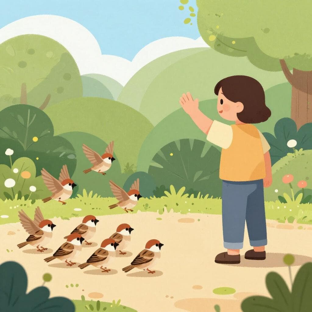 Eine Person, die sanft mit den Händen winkt, um eine Gruppe kleiner Vögel vom Gartenweg wegzufliegen zu ermutigen.