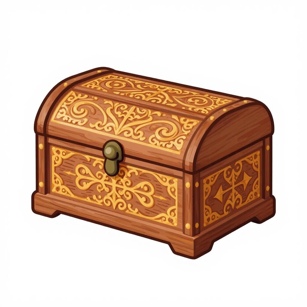 An intricate, hand-carved wooden jewelry box with swirling patterns and gold inlay.