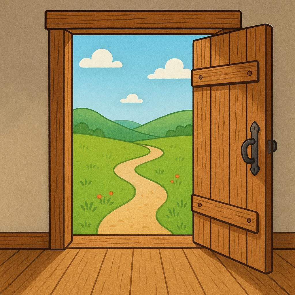 An open wooden cottage door viewed from the inside, showing an empty, sunlit path leading away from the doorway into a bright green field, symbolizing departure.