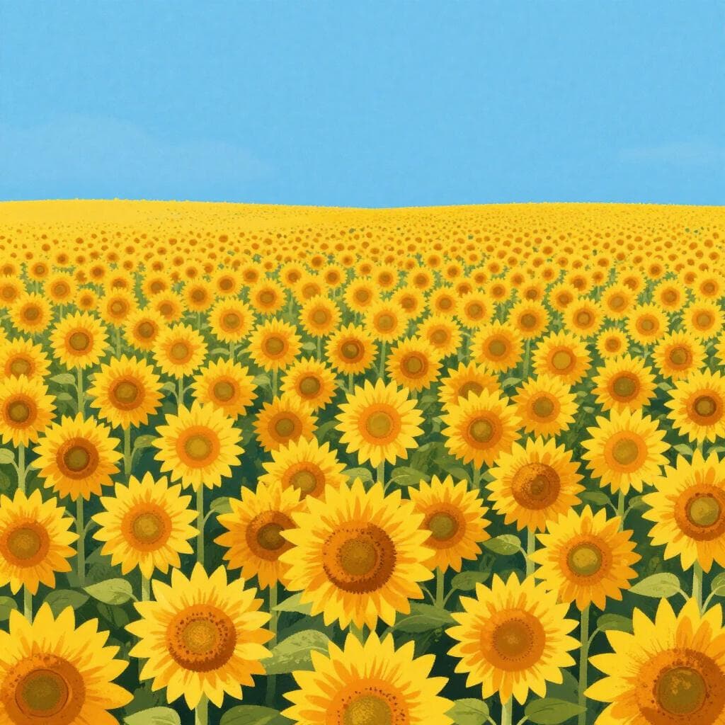 A vast, endless field of bright yellow sunflowers stretching to the horizon under a clear blue sky.