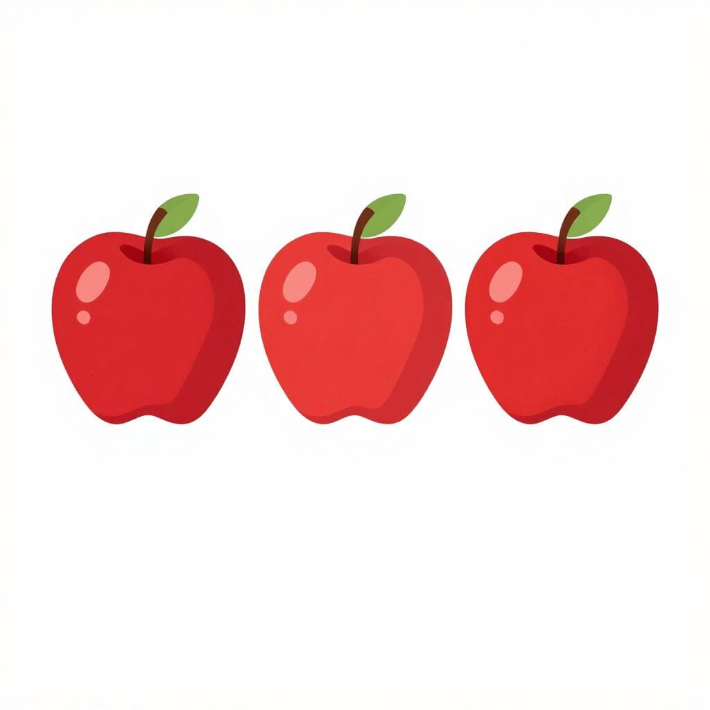 A row of three identical red apples on a white surface.
