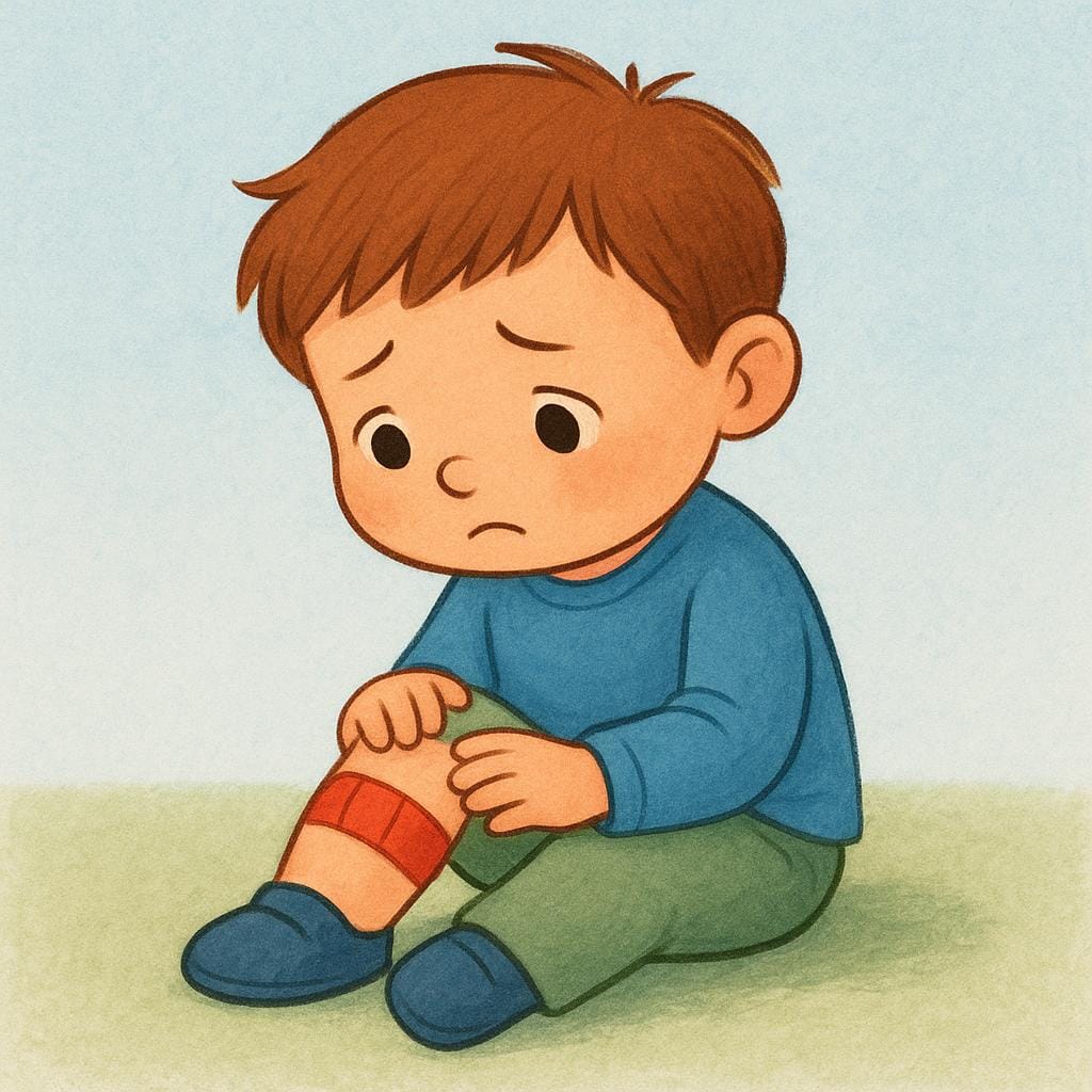 A simple storybook illustration of a sad child sitting on the floor with a bright red bandage wrapped around their knee, clearly showing a physical injury.