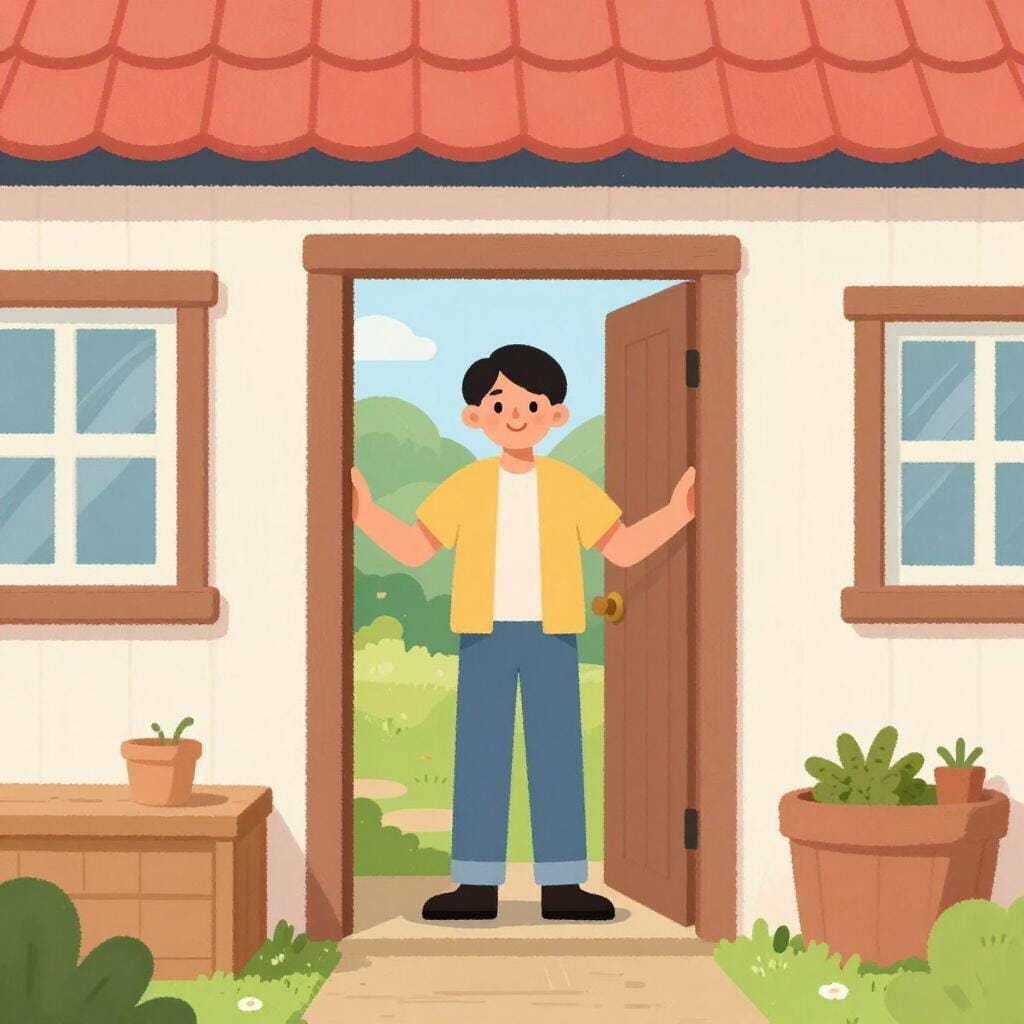 Uma pessoa amigável abrindo uma porta larga com um sorriso caloroso e braços abertos.