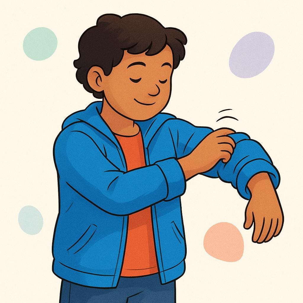 Uma pessoa sorrindo enquanto coloca o braço na manga de uma jaqueta azul de cor viva, ilustrando a ação de vestir-se.