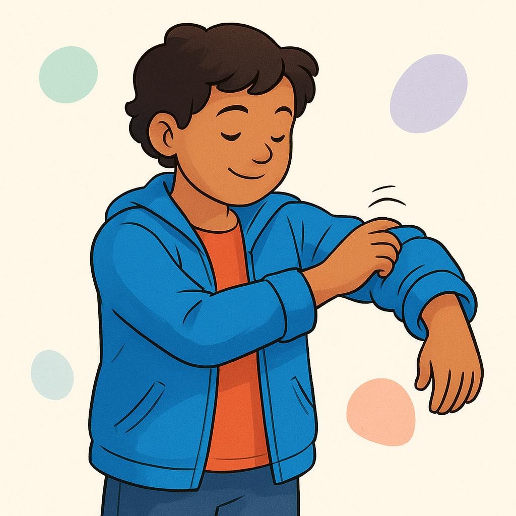 A person smiling while slipping their arm into the sleeve of a brightly colored blue jacket, illustrating the action of putting on clothes.