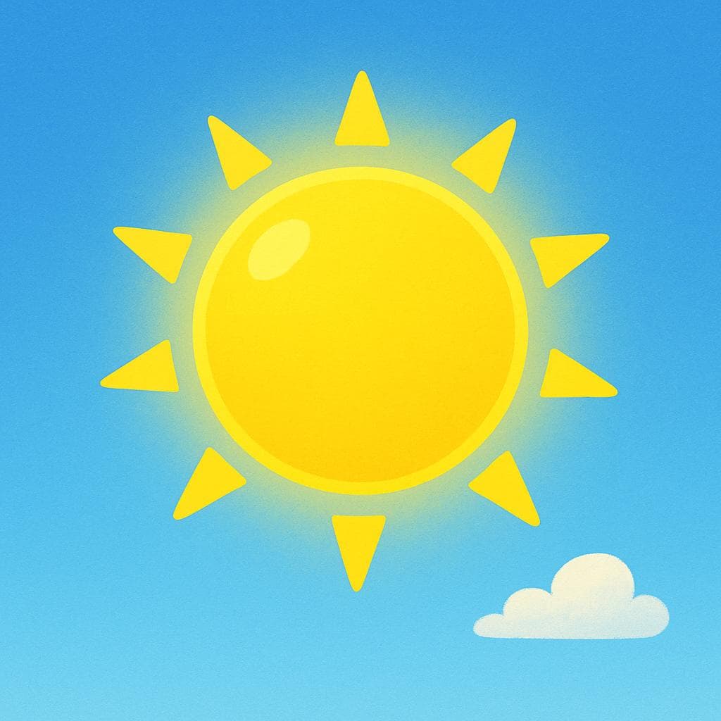 A bright, happy yellow sun depicted against a clear blue sky, radiating strong light.