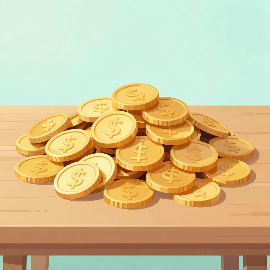 Ein großer, hoher Stapel Goldmünzen auf einem Holztisch.