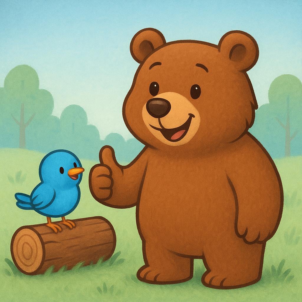 A friendly brown bear smiling and giving a clear thumbs up gesture to a small, happy blue bird perched on a log, signifying approval.