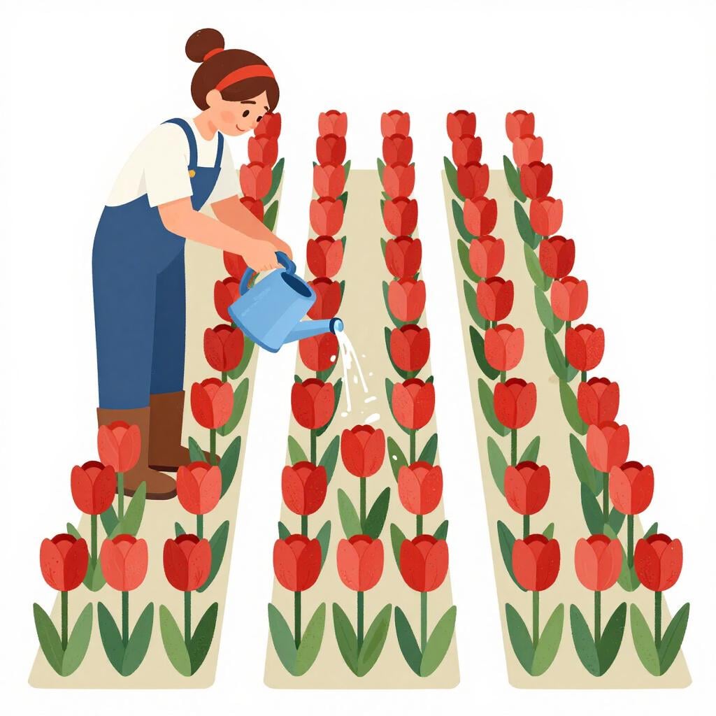 Una fila di fiori in vaso identici innaffiati da un giardiniere a intervalli regolari.