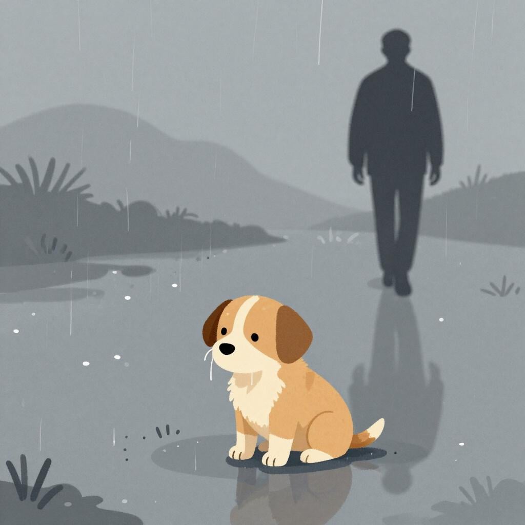 Ein trauriger kleiner Welpe, der allein im Regen sitzt, während der Schatten einer Person weggeht.