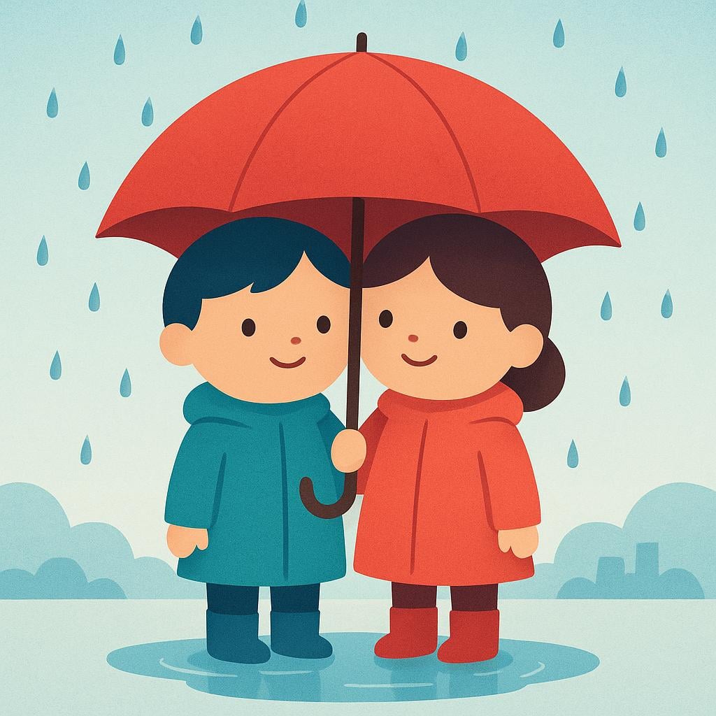 A simple illustration of two figures standing close together under a single umbrella while small raindrops fall, symbolizing an act of kindness.